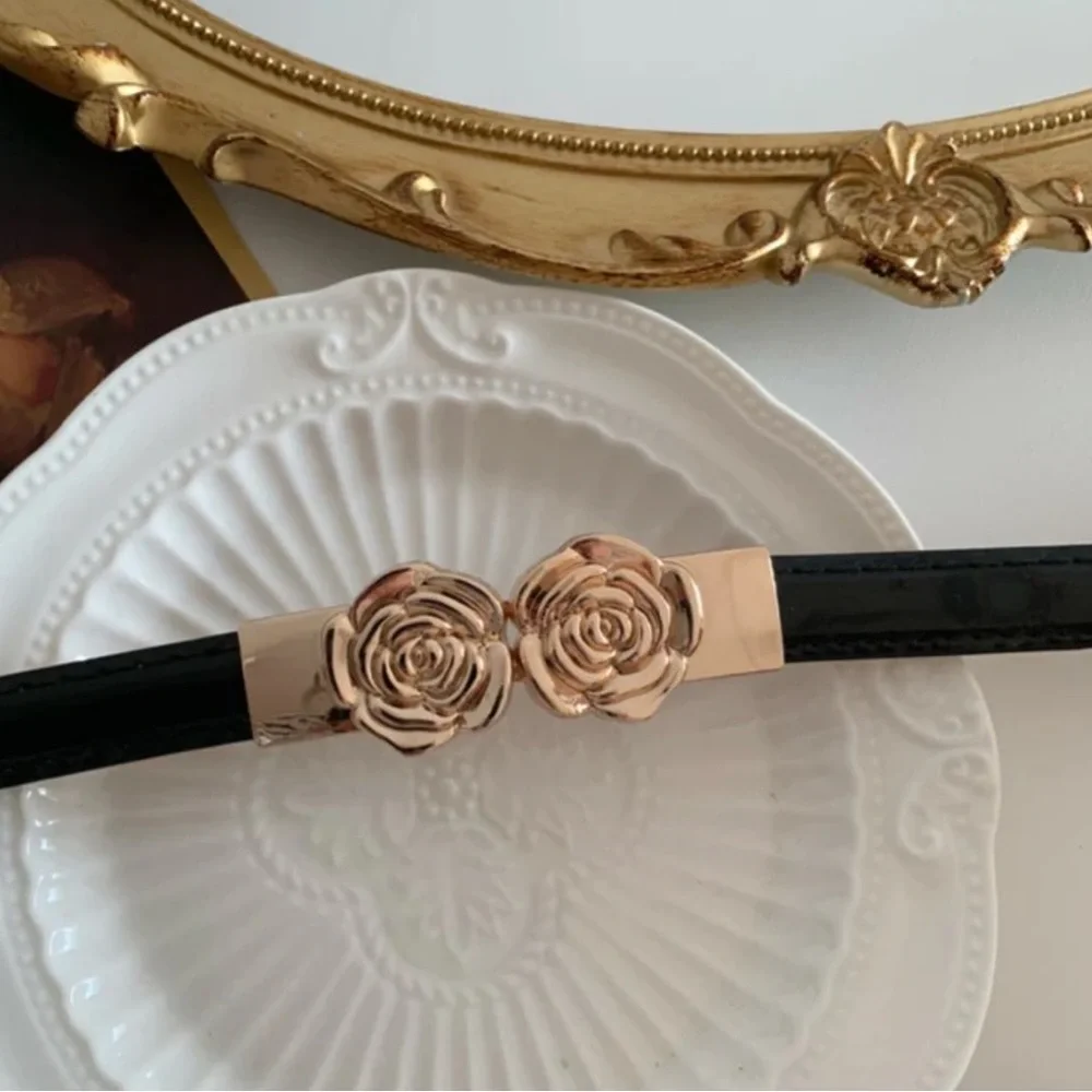 NEW| Women’s Black Vintage Rose Buckle Matte Skinny Belt - Picture 6 of 6